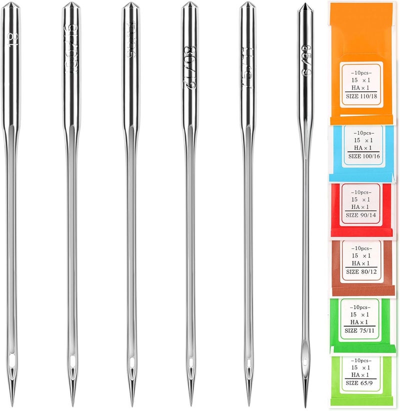 AUGHOA 60 Pcs Universal Sewing Machine Needles, Size 65/9, 75/11, 80/12, 90/14, 100/16 and Heavy Duty 110/18, Ideal for Jeans, Canvas, Leather, Thick Fabric - Image 1